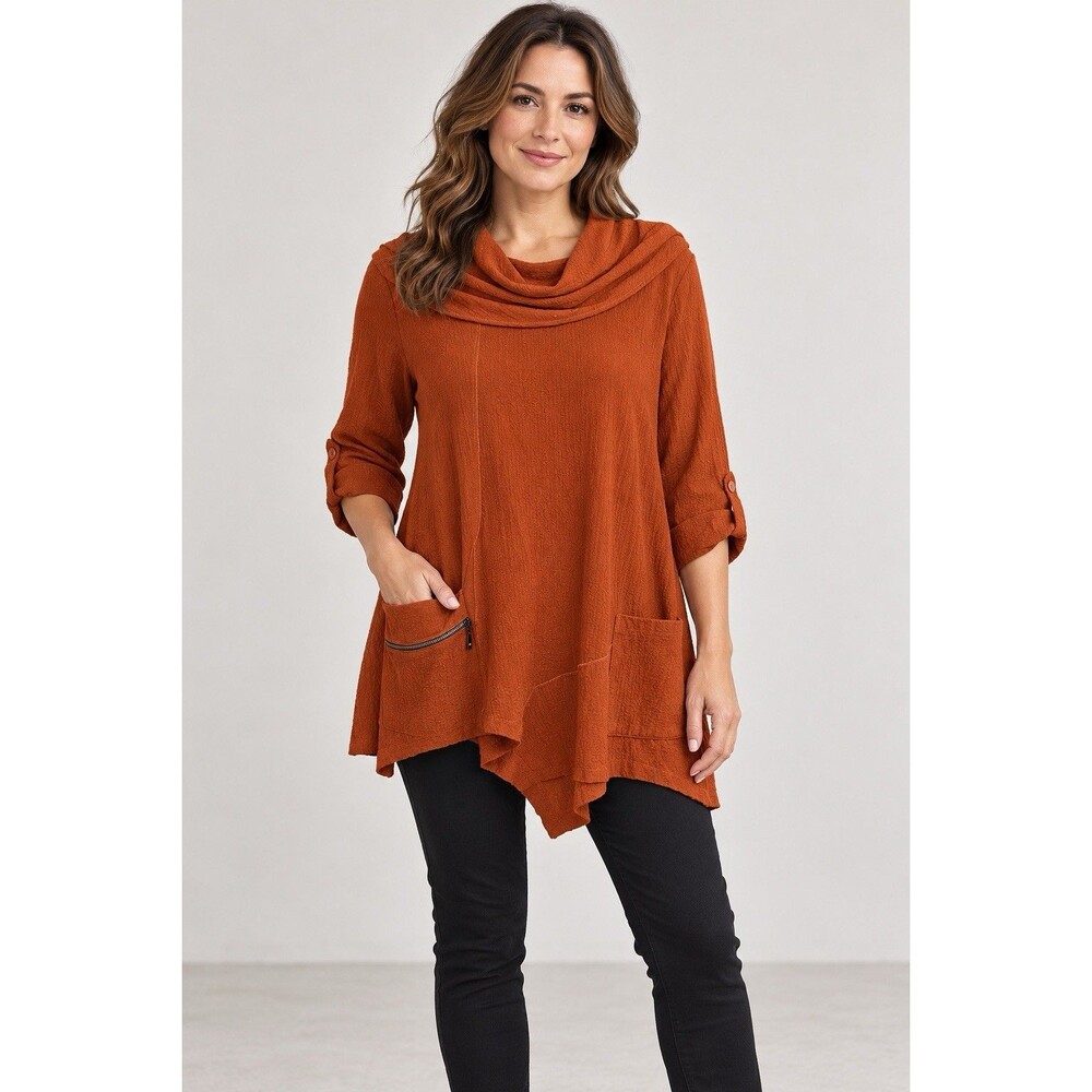 Ali Miles XL Rust Orange Crinkle Cowl Neck Tunic Asymmetric Hem Pockets E